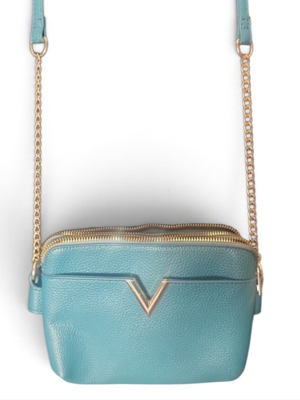 Crossi Teal Leather Crossbody with Gold Chain Strap